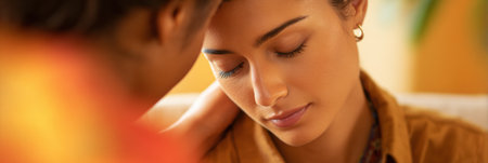 Two individuals connect emotionally in a warm, inviting space, sharing a quiet moment of intimacy during a sunny afternoon.の素材