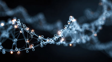 A detailed view of intricate molecular structures connected by glowing nodes, creating a dynamic visual representation of science and beauty at night.の素材