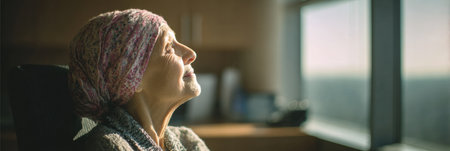 An elderly woman wearing a colorful scarf sits in a wheelchair, looking out the window with a peaceful expression as sunlight fills the room.の素材