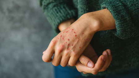 A hand displays multiple red spots, suggesting skin irritation, while the person wears a cozy green sweater against a soft, neutral backdrop.の素材