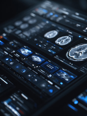 High-tech screen showing various brain scan images and data visuals in a medical setting, reflecting the use of advanced imaging technology.の素材