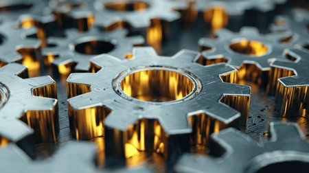 Close-up view of metallic gears with shiny gold accents, highlighting their detailed textures and mechanical features, reflecting an industrial aesthetic.の素材