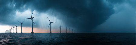 Dark storm clouds gather above wind turbines standing tall in the ocean as twilight approaches, creating a striking atmospheric scene.の素材