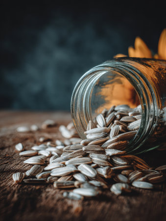 Sunflower seeds are scattered across a rustic wooden surface, with a glass jar tipped over next to vibrant yellow flowers in a softly lit environment.の素材