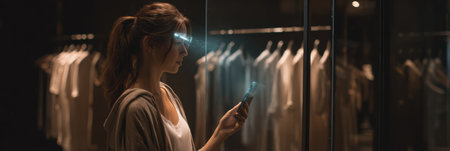Woman uses her phone light to examine clothing options in a boutique, softly illuminated by the stores ambient lights during the evening.の素材