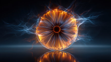 A magnificent orb radiates vibrant light, enveloped by swirling flames and smoke in a dark setting. The colors and shapes create an intense visual effect.の素材