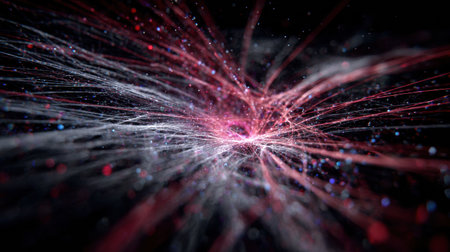 Bright lines of red, white, and blue converge and disperse in a stunning display, illustrating movement and energy in a cosmic environment.の素材