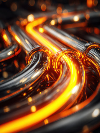A close-up view of metallic pipes intertwined, with glowing orange fluid flowing through, enhanced by soft lighting.の素材