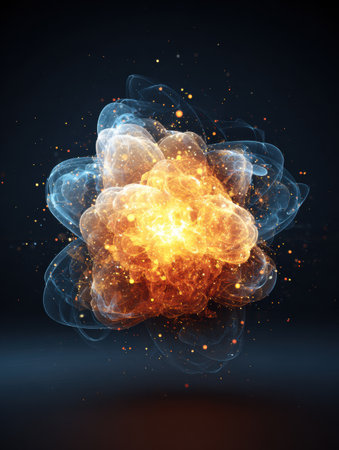 A vibrant explosion of light and energy is captured, radiating colorful sparks and wisps against a dark backdrop, creating an impactful visual display.の素材