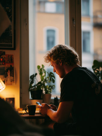 A young man relaxes by a window in a cozy room, using his phone as soft light from inside contrasts with the city view outside during evening.の素材