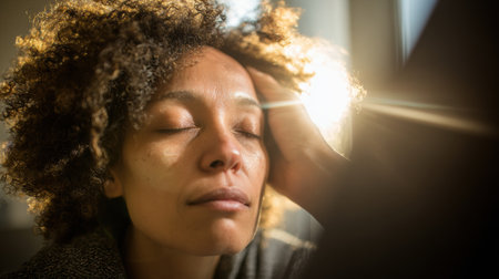 Woman with curly hair rests her head on her hand, eyes closed, basking in soft sunlight, capturing a serene moment of deep thought and relaxation.の素材