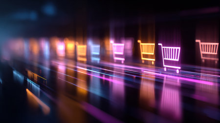 Neon-lit shopping carts create a vibrant scene in a futuristic city at night, showcasing a blend of technology and commerceの素材
