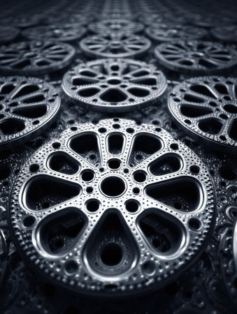 An array of silver metallic wheels is displayed in a symmetrical layout, highlighting their unique design and texture against a dark backdrop.の素材