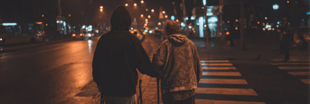 A young person helps an elderly woman navigate a busy street at night. The city is alive with streetlights and vehicles, creating a warm glow.の素材