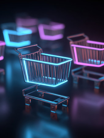 Shopping carts emit a vibrant glow in various neon colors, hovering above a dark reflective surface, creating a modern and dynamic market atmosphere.の素材