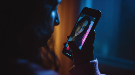 A woman gazes at her phone screen, softly lit by blue light, immersed in an online interaction during a quiet night in her room.の素材