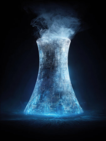 A cooling tower stands tall, emitting vapor with a bright blue glow, creating a striking visual in a dark, futuristic environment.の素材