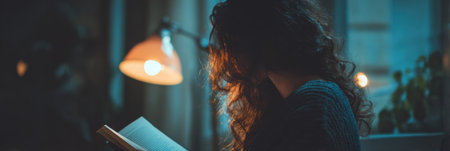 A person with curly hair is absorbed in reading a book in a warmly lit room during a calm evening. Soft light adds to the cozy atmosphere.の素材