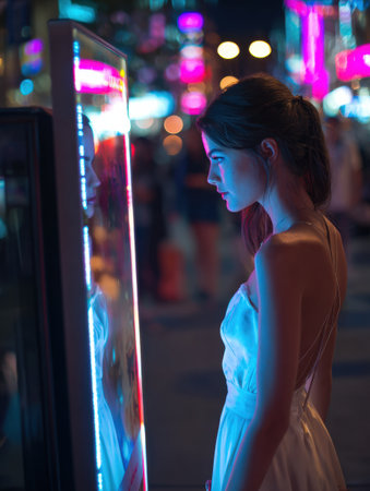 A young woman in a white dress stands in front of a colorful neon screen in a busy city at night, surrounded by bright lights and people.の素材