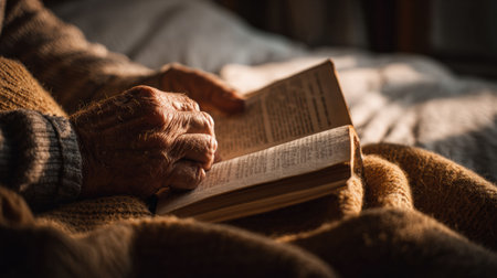 Warm light fills the room as an elderly person enjoys a quiet evening, reading a book while wrapped in a soft blanket.の素材