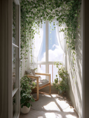 A bright balcony adorned with lush plants and soft curtains. Sunlight filters in, illuminating a comfortable chair, offering a peaceful escape at home.の素材