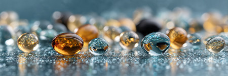A variety of colorful water droplets rest on a shiny surface, creating an enchanting play of light and reflections in a calm atmosphere.の素材