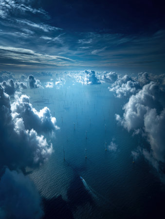 Unique perspective showcases turbine winds scattered across the ocean beneath a sky filled with dramatic clouds during twilight, creating an enchanting scene.の素材