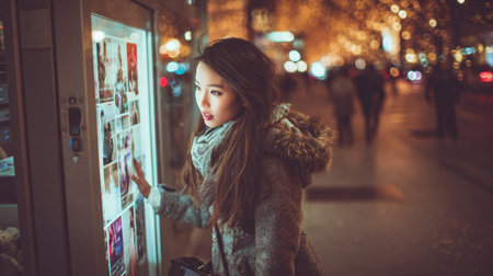 A young woman with long hair examines a bright display while standing outdoors at night. The city is adorned with festive lights, creating a lively atmosphere.の素材