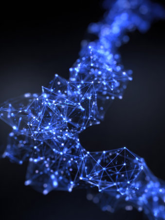 A striking blue network of nodes and lines glows on a dark background, showing connections and the evolution of technology.の素材