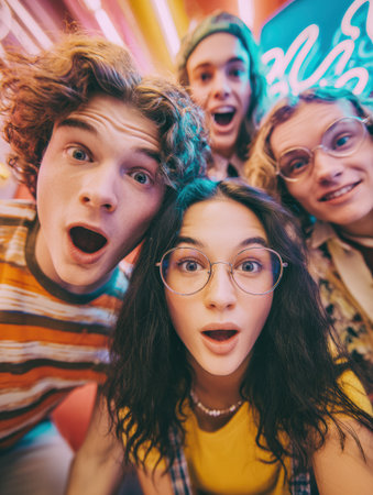 A group of four friends shows surprise and excitement in a bright, colorful atmosphere, capturing a joyful moment during an event or gathering together.の素材