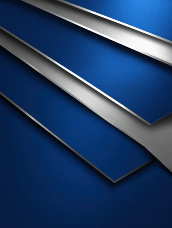 Three metallic plates are layered creatively against a deep blue background, highlighting their sleek surfaces and geometric forms in an artistic display.の素材