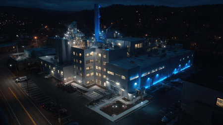 Modern industrial building glowing in blue light during nighttime with empty parking spaces and distant city lights creating a serene atmosphere.の素材