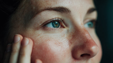 A woman examines her skin while softly touching her face, showing the details of her features and natural skin texture in warm lighting.の素材