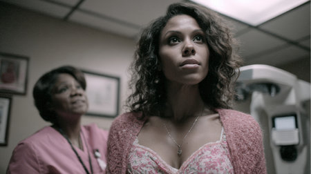 A woman appears focused and calm while in a healthcare setting, receiving support from a nurse as she prepares for a medical check-up in the evening.の素材