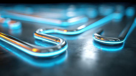 Glowing glass tubes on a reflective surface shimmer in blue and orange, showing a beautiful interplay of light and design.の素材