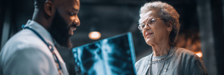 A doctor explains medical imaging results to an elderly patient, highlighting details in a well-lit hospital room filled with modern healthcare equipment.の素材