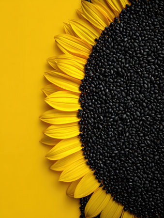 Bright yellow sunflower petals form a striking border around black seeds on a vivid yellow surface, creating a visually appealing contrast in natural light.の素材