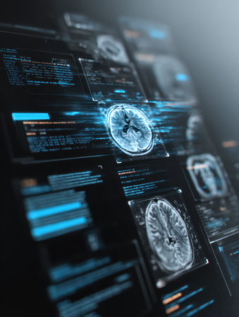 A high-tech computer screen showcases detailed brain scans and diagnostic information, emphasizing advanced technology in a medical setting.の素材