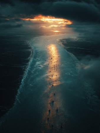 A serene river reflects golden hues as the sun sets, with dark silhouettes of trees lining the banks and clouds creating an atmospheric scene.の素材