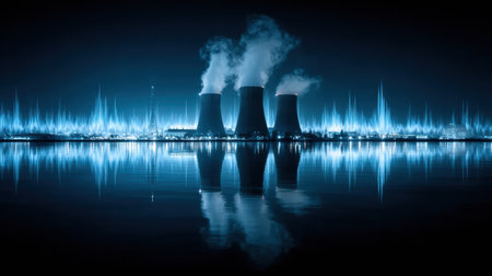 A power plant backdrop shows cooling towers emitting steam, mirrored in calm water under a night sky filled with blue hues and wave patterns.の素材