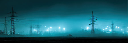Power lines stretch across a foggy landscape at night. Lights from nearby structures create a mysterious blue glow, enhancing the surreal scene.の素材