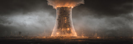 A futuristic power plant stands tall, emitting bright sparks and energy, with digital circuits visible on its structure amidst a dark, cloudy atmosphere.の素材