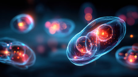 Colorful cells against a dark background highlight glowing nuclei and reveal intricate microscopic biological activity.の素材