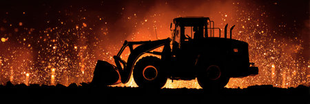 A loader machine stands in profile, silhouetted by a dramatic fiery glow, with sparks flying around in a construction scene at nighttime.の素材