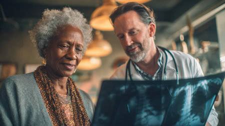 A doctor discusses medical images with an older woman in a bright, inviting clinic, conveying care and understanding during a consultation.の素材