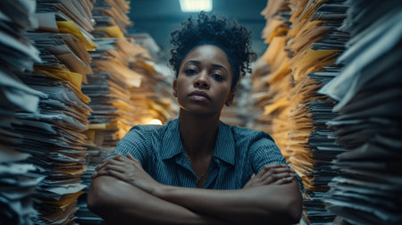 A determined woman sits with crossed arms among mountains of paperwork in a dim office. She exudes confidence and focus in her work environment.の素材
