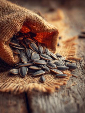 Sunflower seeds spill from a burlap sack onto a textured wooden surface, illuminated by warm light, creating a cozy, rustic atmosphere.の素材