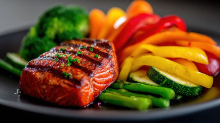 A delicious grilled salmon fillet rests on a dark plate with vibrant servings of broccoli, bell peppers, and zucchini, highlighting fresh ingredients.の素材