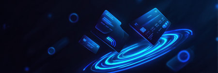 Floating credit cards display digital payment technology against a vibrant blue background, illustrating modern financial transactions and innovation.の素材