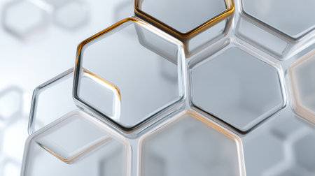 Intricate arrangement of transparent hexagonal shapes creates a visually striking pattern, showing varied thickness and light reflections.の素材